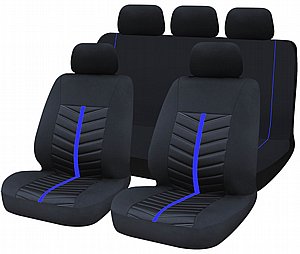 כיסוי מושבים קידמיים + אחוריים שחור עם פס כחול 11 חלקים כיסוי מושבים קידמיים + אחוריים שחור עם פס כחול 11 חלקים